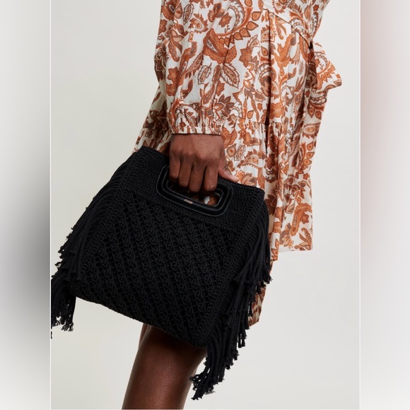 Maje Handbags - Maje black cotton leather crochet cross body top handle bag magnetic snap boho